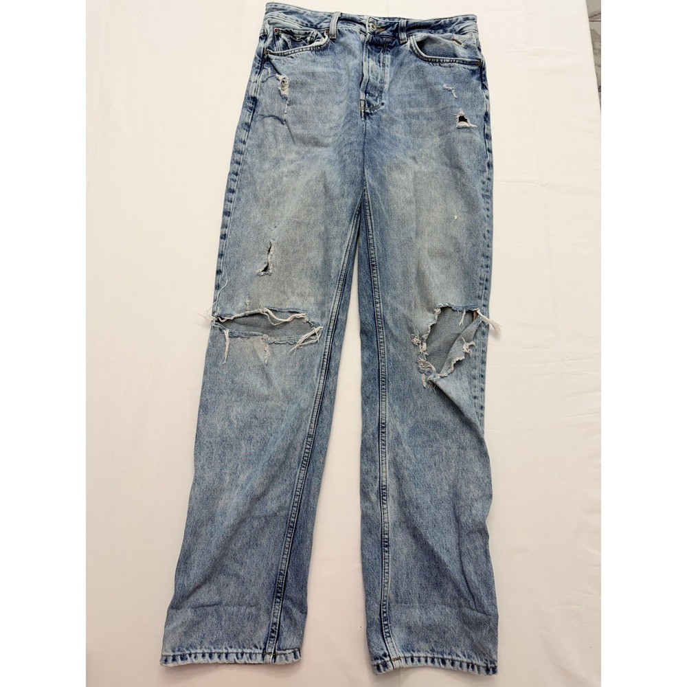 Zara‎ Straight Jeans Womens 6 Blue Light Wash High Rise Distressed 28x30 Denim